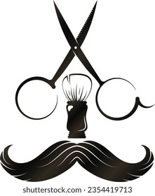 Male mustache barber scissors and shaving brush. Design for barbershop and mens beauty salon