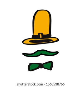 Male mustache and butterfly,yellow hat set St Patrick's Day,Father's day isolated on white background in cartoon style.Vector stock illustration.Design festival dress code elements,wedding, postcard.