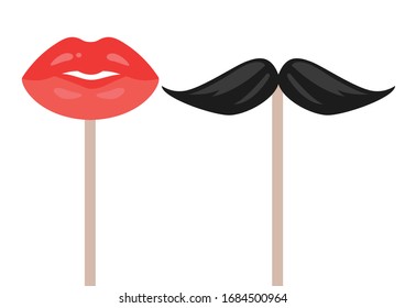 Male mustache and female lips set. Isolated vector clip art. Traditional celebration mask. Fun photo props.