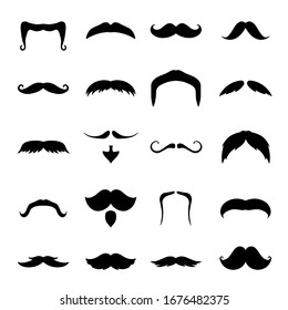 Male mustache set, black classic beard icon. Man human face handsome fashion and decoration. Vector mustache illustration on white background.