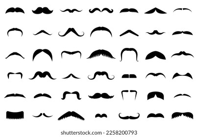 Male mustache silhouettes, funny mustaches cartoon icons. Black barber shop symbols, funny hipster face hair style. Abstract fashion decent vector set