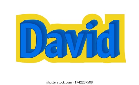 The male name "David" written with a blend 3D effect and a smooth gradient of blue colors on yellow background. Text vector illustration for web page, app, card, animation.