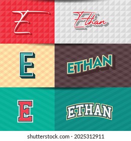Male name Ethan in various Retro graphic design elements, set of vector Retro Typography graphic design illustration