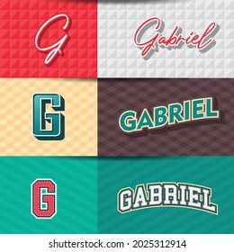 Male name Gabriel in various Retro graphic design elements, set of vector Retro Typography graphic design illustration