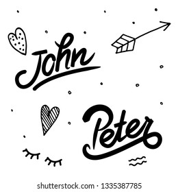 male name John, Peter: template of  invitation and greeting cards, envelopes, t-shirts, stickers. Vector composition with lettering and hand drawn elements. Polka dots, hearts, arrows. Isolated vector