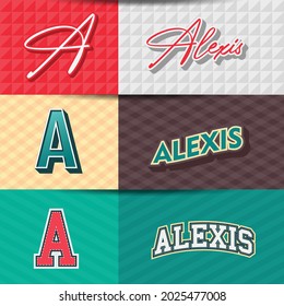 ,Nombre masculino,Alexis en varios elementos de diseño gráfico retro, conjunto de ilustración de diseño gráfico de tipo retro vector