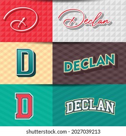 ,Male name,DECLAN in various Retro graphic design elements, set of vector Retro Typography graphic design illustration
