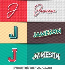 ,Male name,JAMESON in various Retro graphic design elements, set of vector Retro Typography graphic design illustration