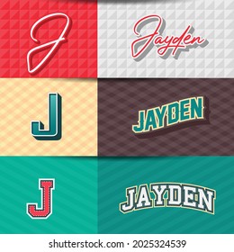 ,Male name,Jayden in various Retro graphic design elements, set of vector Retro Typography graphic design illustration