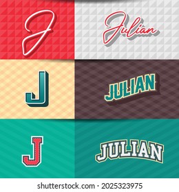 ,Male name,Julian in various Retro graphic design elements, set of vector Retro Typography graphic design illustration