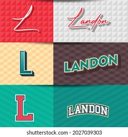 ,Male name,LANDON in various Retro graphic design elements, set of vector Retro Typography graphic design illustration