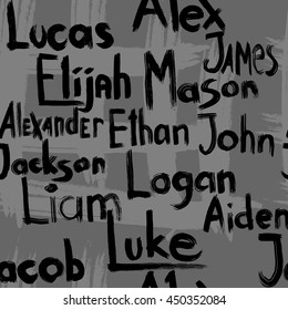 Male names. Seamless pattern Vector illustration. Black, and white graphic. Lettering. Rough handwritten letters. Alex, Elijah,  Liam, Jacob, Luke,  Ethan, James, Aiden. Good for textile print etc.