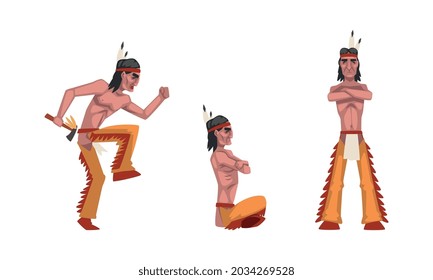 Male as Native American Tribe Member In Traditional Indian Clothing Sitting Cross Legged and Dancing with Tomahawk Vector Set