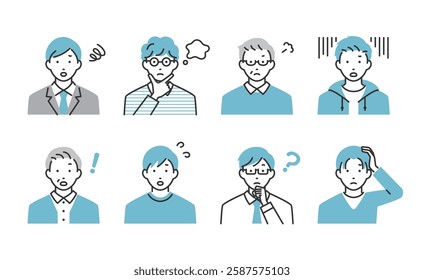 Male negative facial expression icon set.