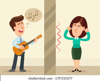 Male Neighbor Plays The Guitar And Sings A Song, A Female Neighbor Plug Ears With Fingers. A Noisy Neighbour Over The Wall. Vector Illustration, Flat Design, Cartoon Style.