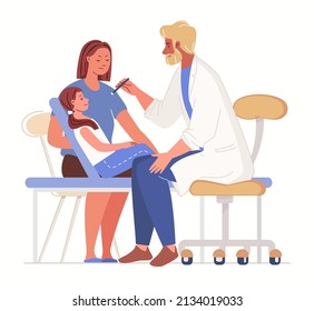 Male Neurologist Examines Female Child With Injury, Concussion, Checks Reaction Of Her Eyes With Flashlight. Little Patient On Routine Medical Examination In Hospital. Vector Illustration.