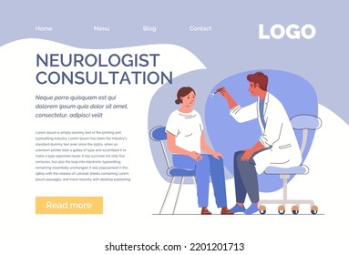 Male neurologist examines woman with injury, concussion, checks reaction of her eyes with flashlight. Patient on planned medical examination in hospital. Web template, landing page Vector illustration