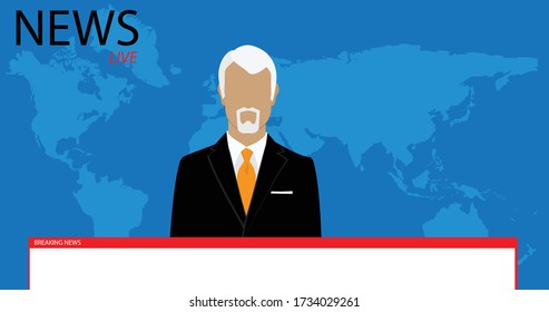 Male news presenter. Breaking news live on world map background. 