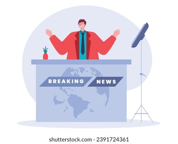 Male news presenter broadcasting in studio breaking news, professional communication using television. Character design. Vector flat illustration