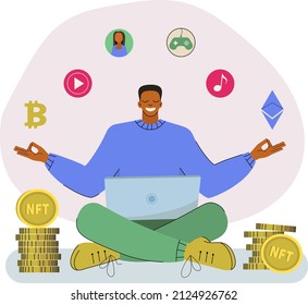 Male NFT artist behind laptop sells artwork online for ethereum, bitcoin. Vector illustration in a flat style