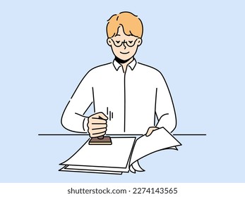 Male notary stamping documents in office. Smiling man worker sign with stamp official agreements at workplace. Vector illustration. 