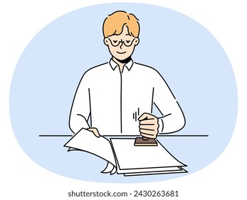 Male notary stamping documents in office. Smiling man worker sign with stamp official agreements at workplace. Vector illustration.