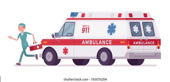 Male nurse at ambulance car. Young man in hospital uniform hurry at emergency and disaster call. Medicine and healthcare concept. Vector flat style cartoon illustration isolated on white background