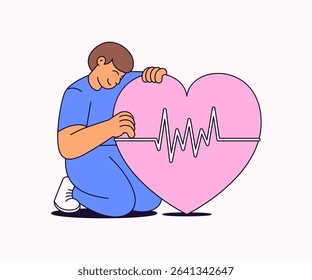 Male nurse in blue scrubs gently holding a large pink heart with an electrocardiogram (ECG) line. Ideal for topics related to healthcare, cardiology, nursing care in cartoon illustration vector