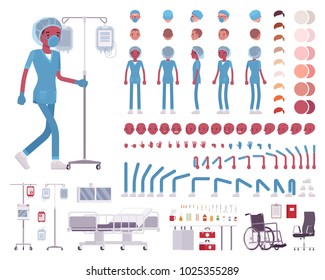 Male nurse in blue uniform character creation set. Full length, different views, emotions, gestures. Medicine, healthcare concept. Build your own design. Vector illustration