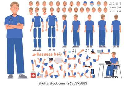 Male nurse character constructor. Health worker,doctor or surgeon. Set of arms legs body and head positions for creating animation and your illustrations. DIY kit. Vector illustration in flat style