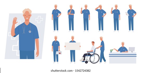  Male nurse character set. Different poses and emotions. Vector illustration in a flat style