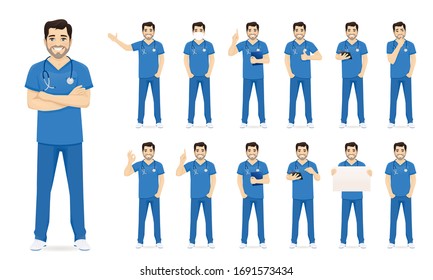 Male nurse character set in different poses isolated vector illustartion