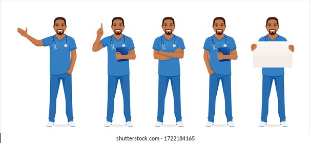 Male Nurse Character Set In Different Poses Isolated Vector Illustartion