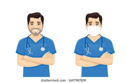 Male Nurse Character Standing With Arms Crossed Wearing Protective Medical Mask Isolated Vector Illustartion