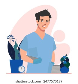 male nurse checking in flat illustration