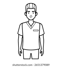 Um enfermeiro ou médico do sexo masculino com esfregaços de coloração. Ilustração em preto e branco de um profissional de saúde. Planilha educacional para crianças e adultos.