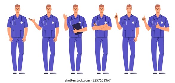 Male nurse, doctor standing in different poses, isolated .Young man wearing scrubs and a stethoscope. Doctor points with his hand, hands crossed, thumbs up, gives advice, says hello. Flat vector.