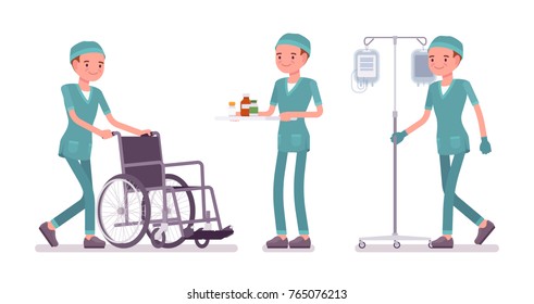 Male nurse doing medical procedure. Young man in hospital uniform on duty in the clinic. Medicine and healthcare concept. Vector flat style cartoon illustration isolated on white background