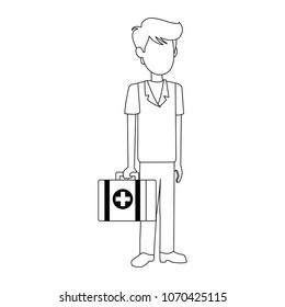 Male nurse with first aids suitcase on black and white