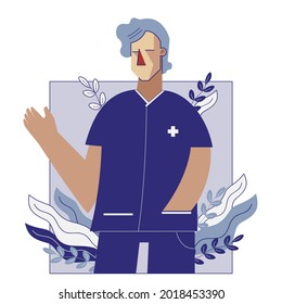 Männliche Krankenschwester, flache Vektorgrafik. Therapeut, Apotheker, Arzt.