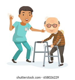 Male nurse helped grandfather Walker. He made an okay hand.Care and support for the elderly.Vector cartoon illustrations isolated on a white background.