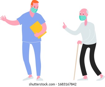 Male nurse helping an elderly man. Healthcare, hospital admission. Vector illustration.
