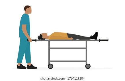 Male nurse holds a medical wheeled stretcher on which a female character lies