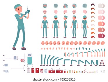 Male Nurse In Hospital Uniform Character Creation Set. Full Length, Different Views, Emotion, Gestures. Medicine, Healthcare Concept. Build Your Own Design. Cartoon Flat Style Infographic Illustration