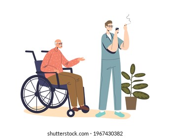 Male nurse ignore elder patient smoking. Arrogant and rude medical worker on workplace. Bad nursing and medicine concept. Cartoon flat vector illustration