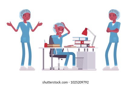Male nurse in negative emotions. Young man in hospital uniform, tired and exhausted at work. Medicine and healthcare concept. Vector flat style cartoon illustration isolated on white background