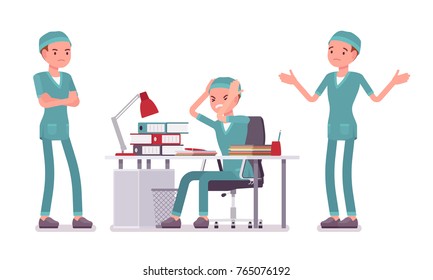 Male nurse in negative emotions. Young man in hospital uniform, tired and exhausted at work. Medicine and healthcare concept. Vector flat style cartoon illustration isolated on white background