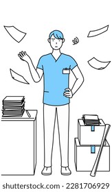 Male nurse, physical therapist, occupational therapist, speech therapist, nursing assistant in Uniform who is fed up with his unorganized business, Vector Illustration