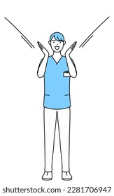 Male nurse  physical therapist  occupational therapist  speech therapist  nursing assistant in Uniform calling out and his hand over his mouth  Vector Illustration