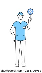 Male nurse, physical therapist, occupational therapist, speech therapist, nursing assistant in Uniform holding a placard with an X indicating incorrect answer, Vector Illustration
